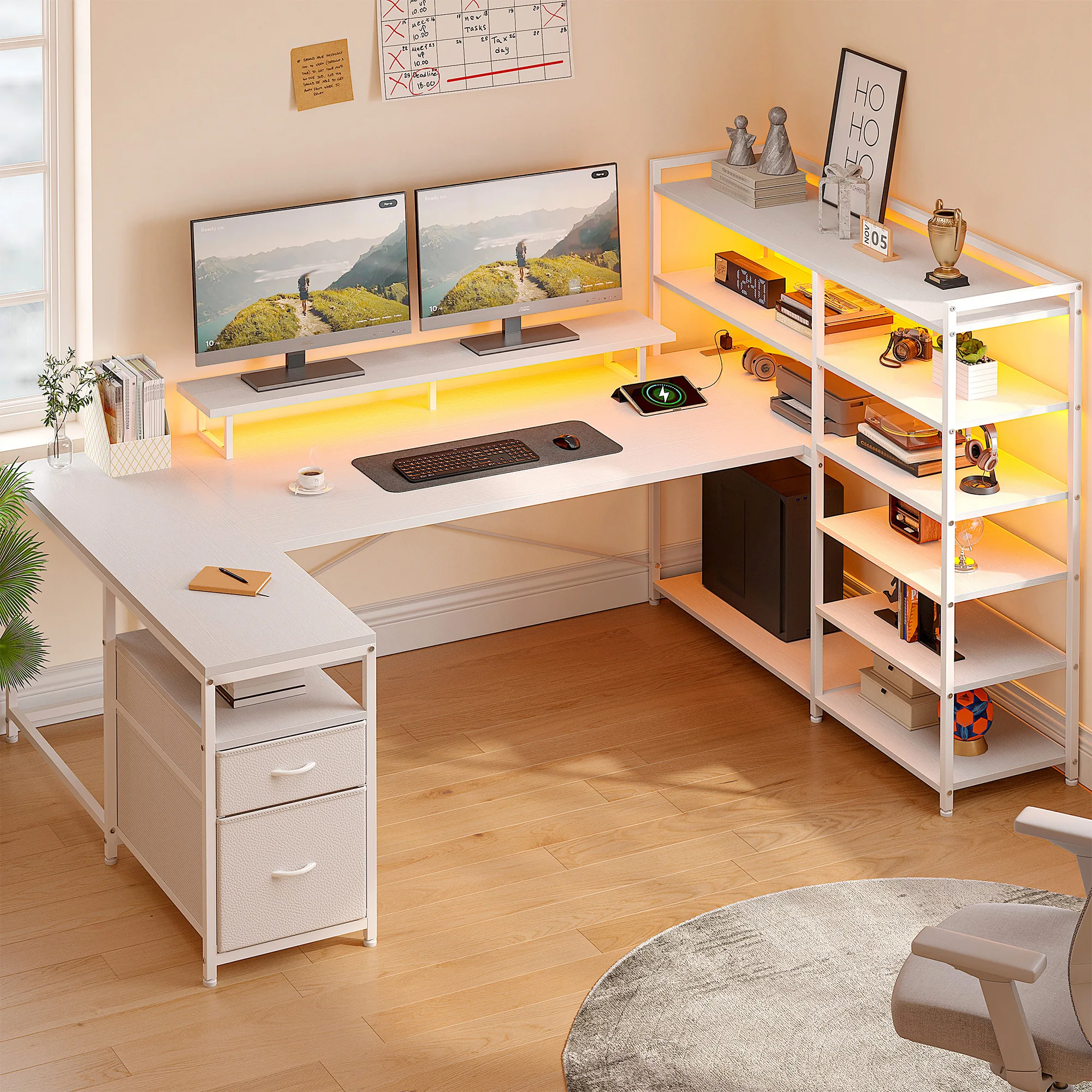 Computer Desk with 6 Storage Shelves & Fabric Drawers 63"L Shaped Gaming Desk with Power Outlet, LED Strip & Monitor Stand