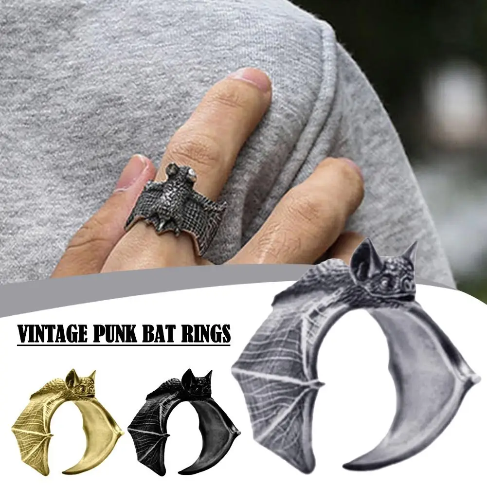 Halloween Vintage Bat Design Rings Women Men Adjustable Opening Rings Punk Finger Rings Halloween Party Cosplay Jewelry Gifts