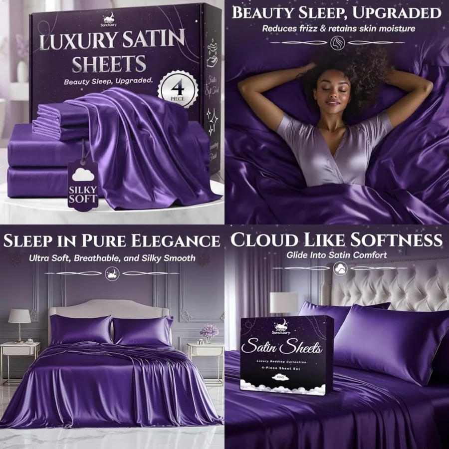 

Satin Sheets Size 4 Pcs Luxury Silky Bed Set, Softer Than Silk, 15 Deep Pocket, Cooling Wrinkle-Free, Moisture-Wic Breathable f
