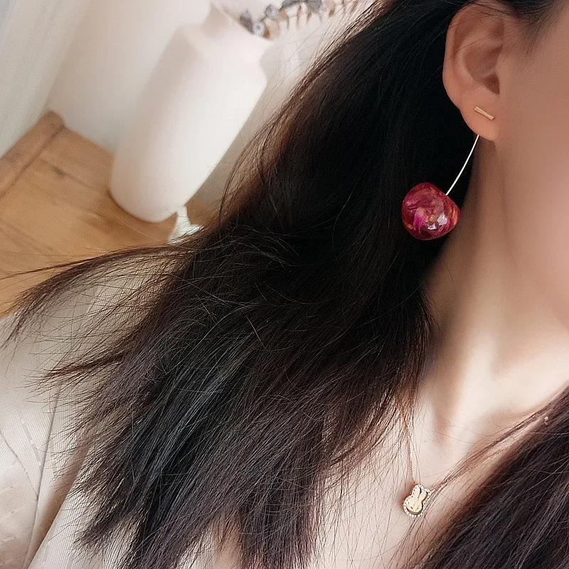 Korean Fashion Summer Dried Flowers Cherry Drop Earrings For Women Jewelry 2024 Trending New Fresh Women's Red Fruit Earrings