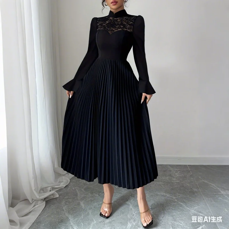 Krismile – robe à col Qipao pour femmes, nouvelle élégance chinoise, panneau en dentelle, jupe plissée, cintrée à la taille, pour le dîner, les événements de mariage