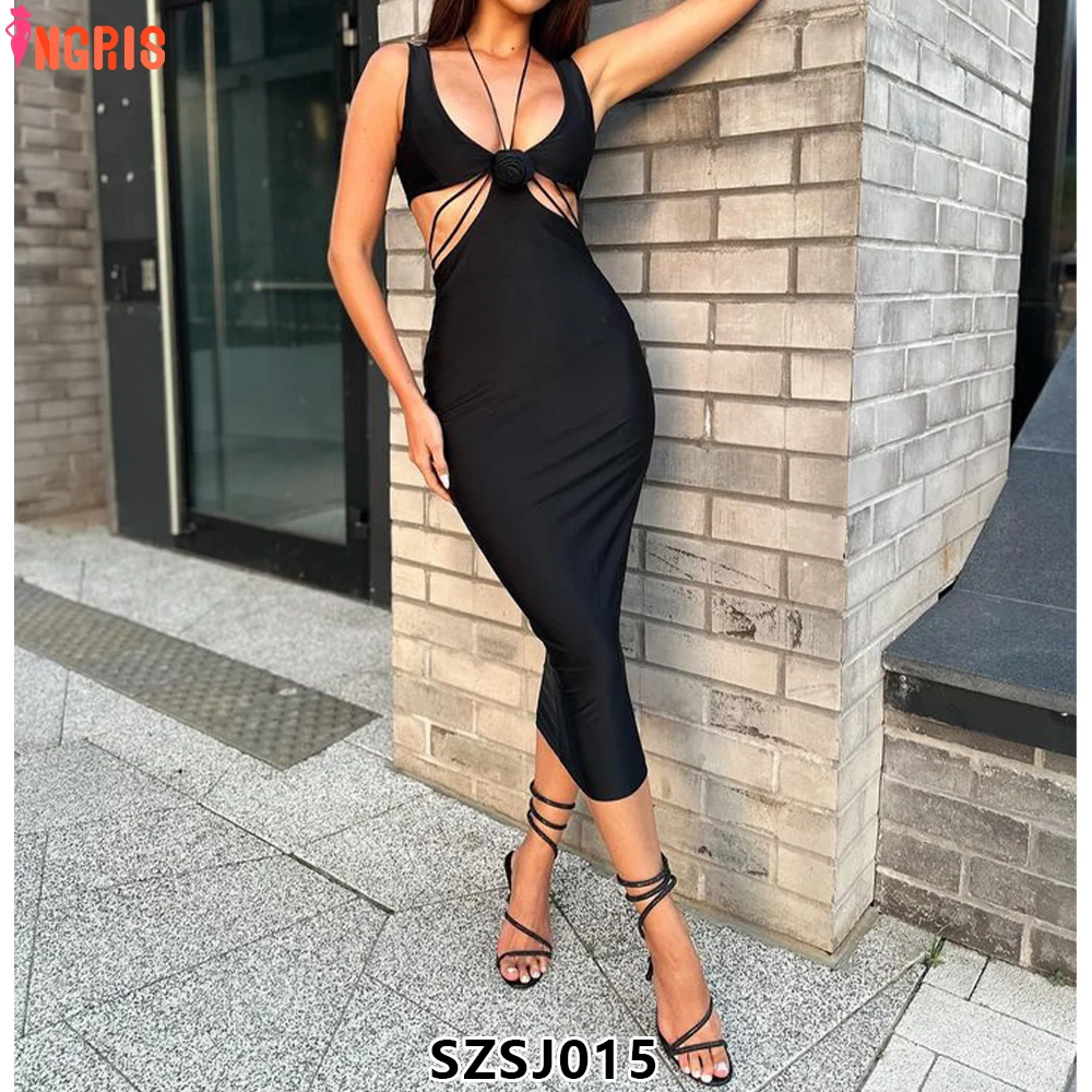 

American new casual sleeveless suspender skirt black and red breathable hollow halter neck sweet splicing skirt-SZSJ015