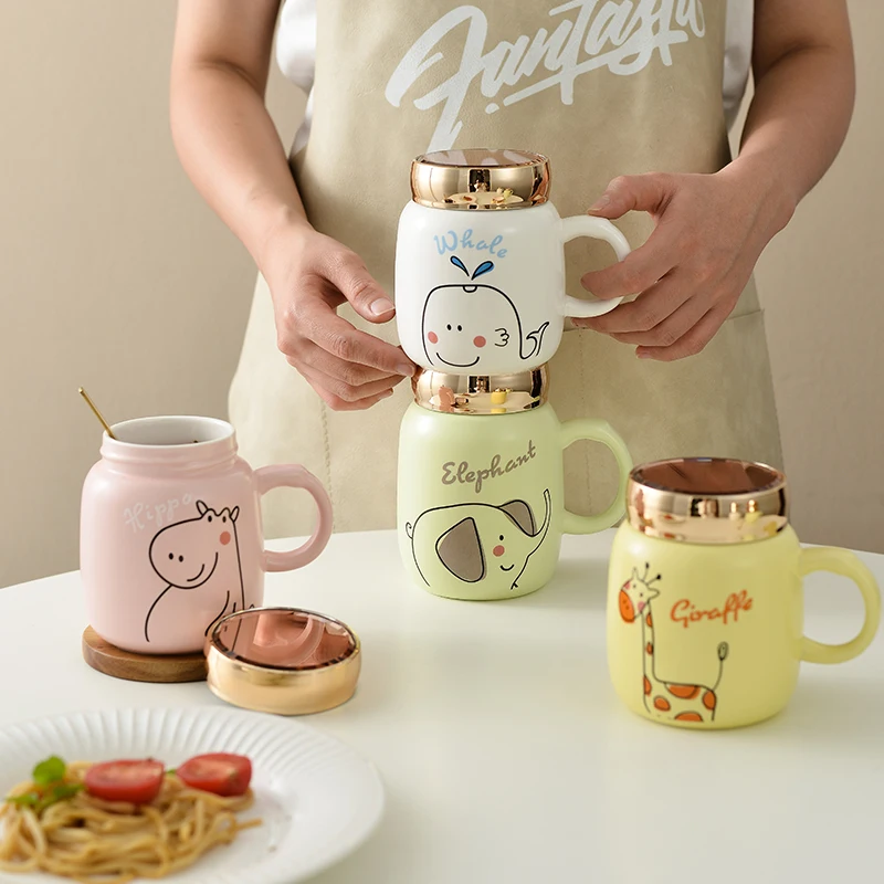 

Mug Lovely Couple Cup Japanese Cartoon Creative Large Capacity Mirror Cup Ceramic Water Cup with Cover