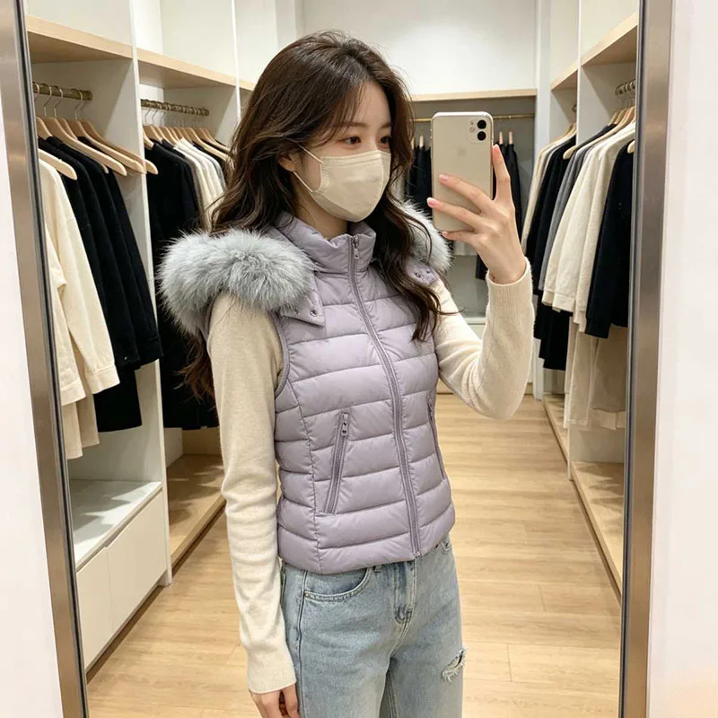 Sleeveless Vest Big Wool Collar Cotton Vest Female Autumn Winter New Hooded Short Cotton-padded Jacket Waistcoat Female Outerwea