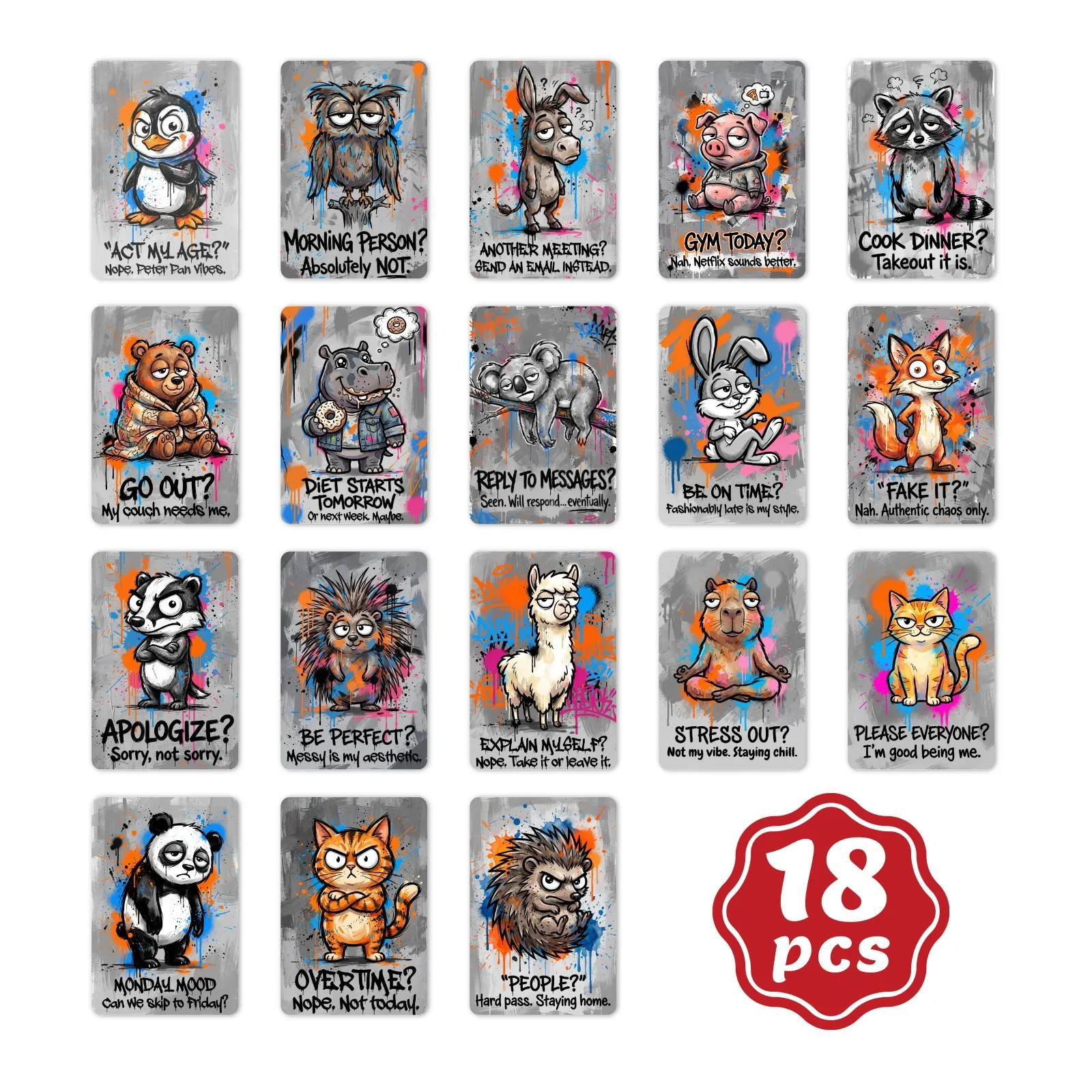 

Набор из 18 открыток в стиле чернильных брызг с юмористическими и забавными животными, креативными надписями на тему взрослых тем, для подарков и коллекционирования