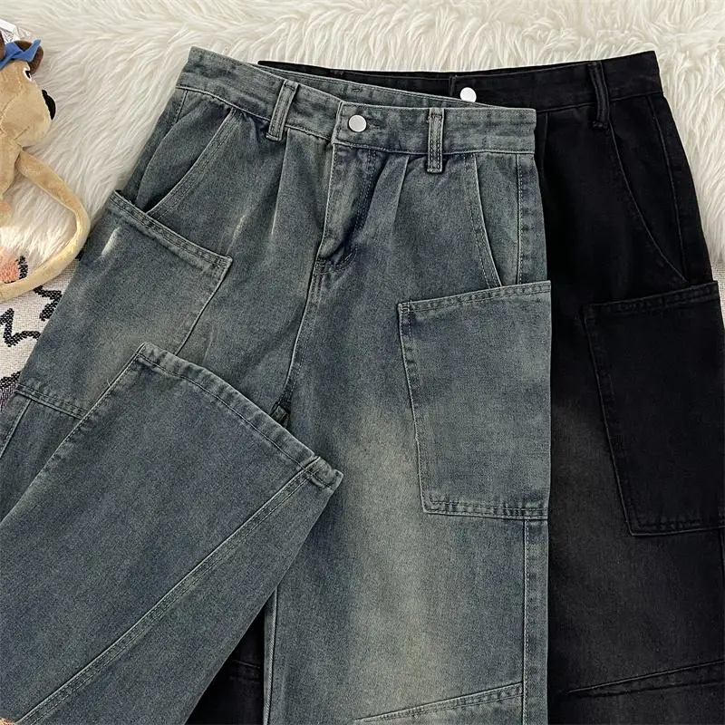 Retro Washed Distressed Straight Leg Wide Leg Jeans Men's Deconstructed Patchwork Casual Workwear Style Loose Fit Pants