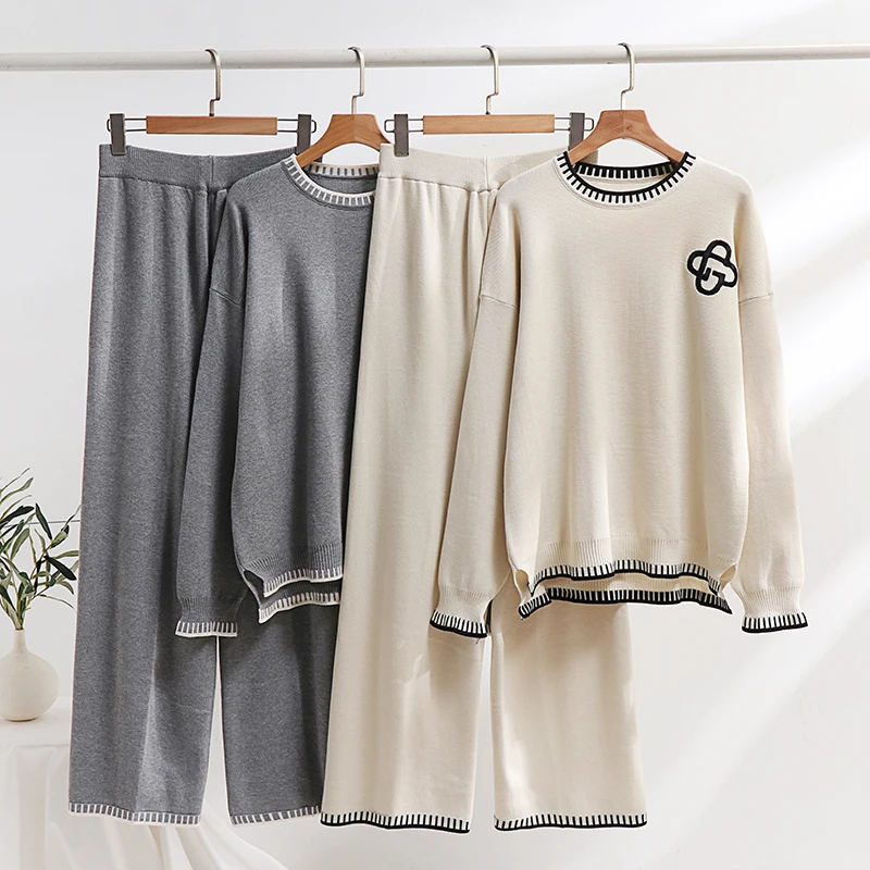 Elegant Embroidery Knit Two Piece Set Woman Winter Sweater Pant Matching Sets Casual Loungewear Knitted Two Piece Set Women 2024