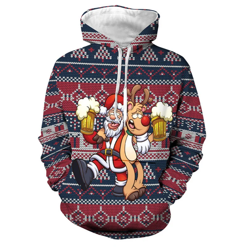 Funny Santa Claus Elk Beer 3d Print Men's Hoodies For Men Sweatshirt Fashion Christmas Women Pullover Tracksuit Y2k Clothing