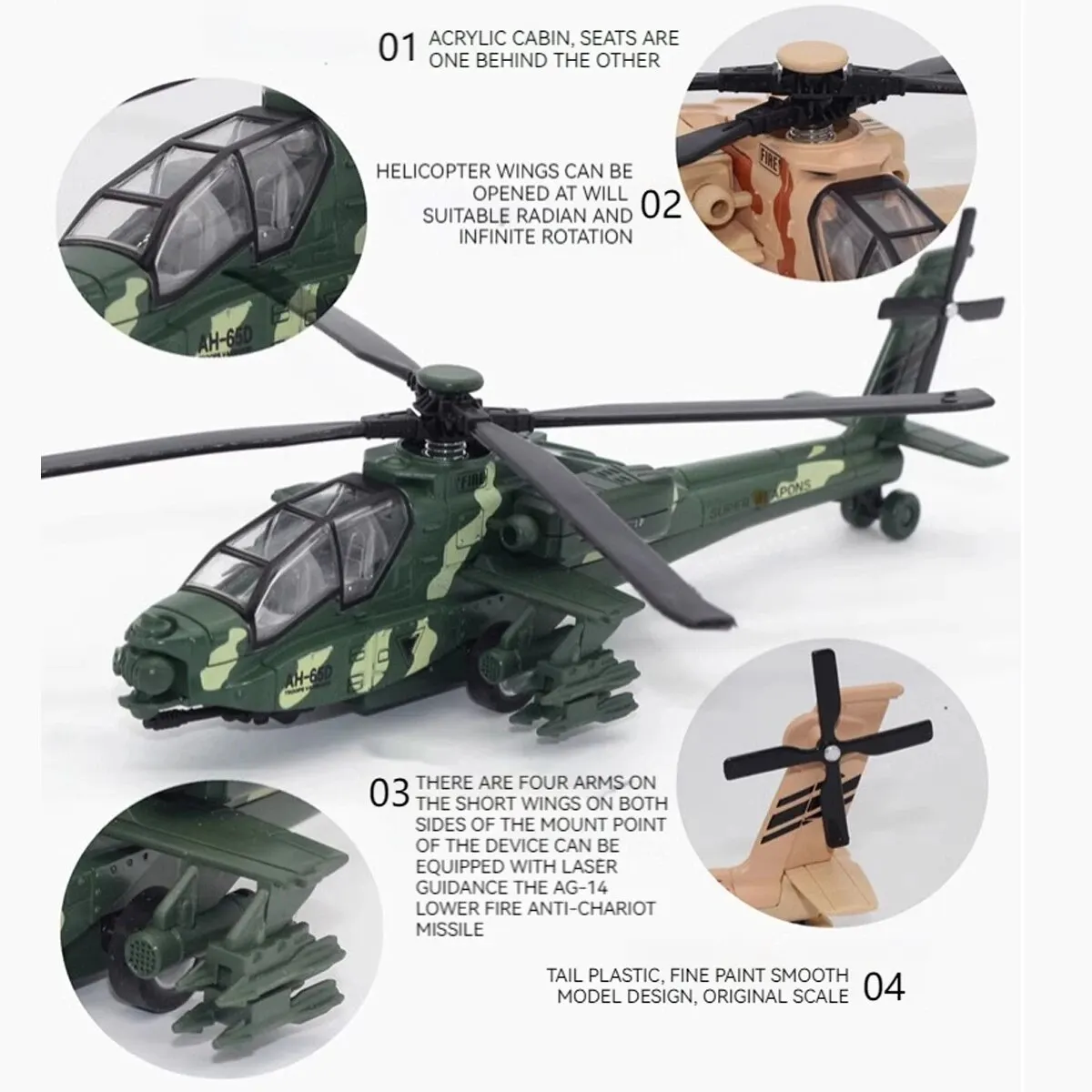 AH-64 Helicopter Alloy Toy with Sound & Light - Authentic Miniature, Ideal Gift for Kids, Realistic Play Fun