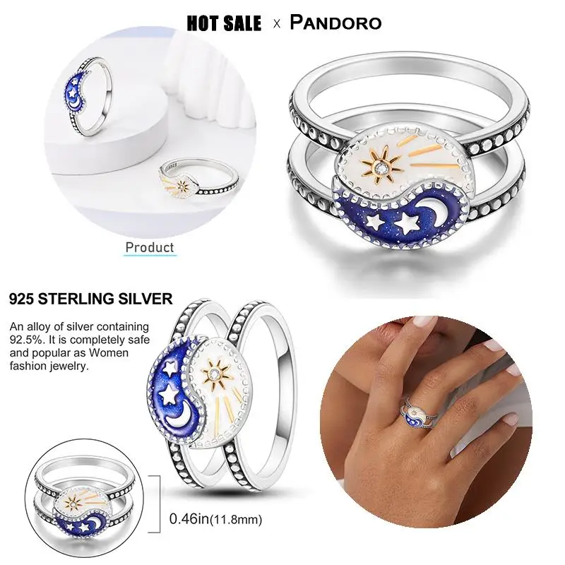 Juego de pendientes de anillo de sol y luna a juego, joyería compatible con Pandora, combinación de sol brillante de dos colores, pendientes de anillo de plata 925