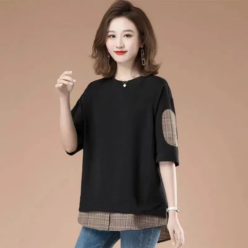 

Plaid Patchwork Contrast Plus Size Lazy T Shirts Short Sleeve Loose Casual Tops Spring Summer New Vintage Fashion Women Clothing