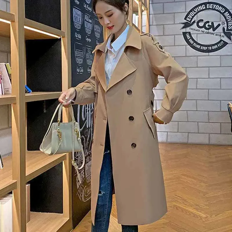 

Female Autumn Winter New Senior Temperament Appear Thin Windbreaker Jacket Women Mid Length Version Over The Knee Overcoat Coat