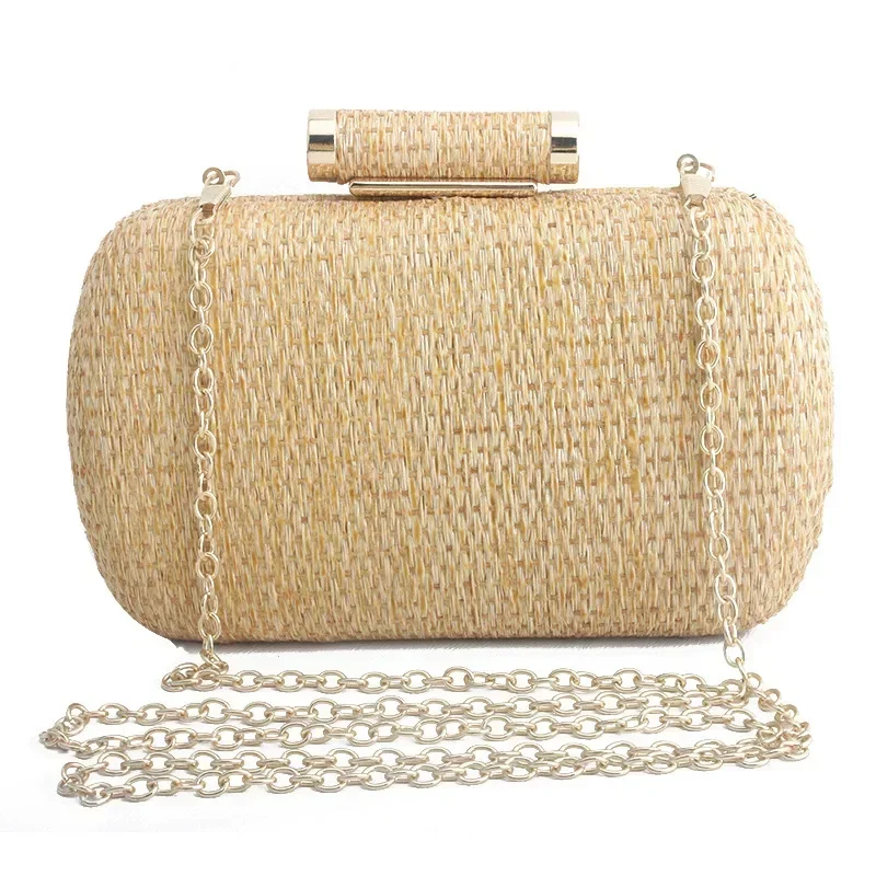 Summer Fashion Hand-woven Straw Bag Women Metal Clutches Chain Shoulder bag Crossbody Bags Ladies Party Evening Clutch Purse sac