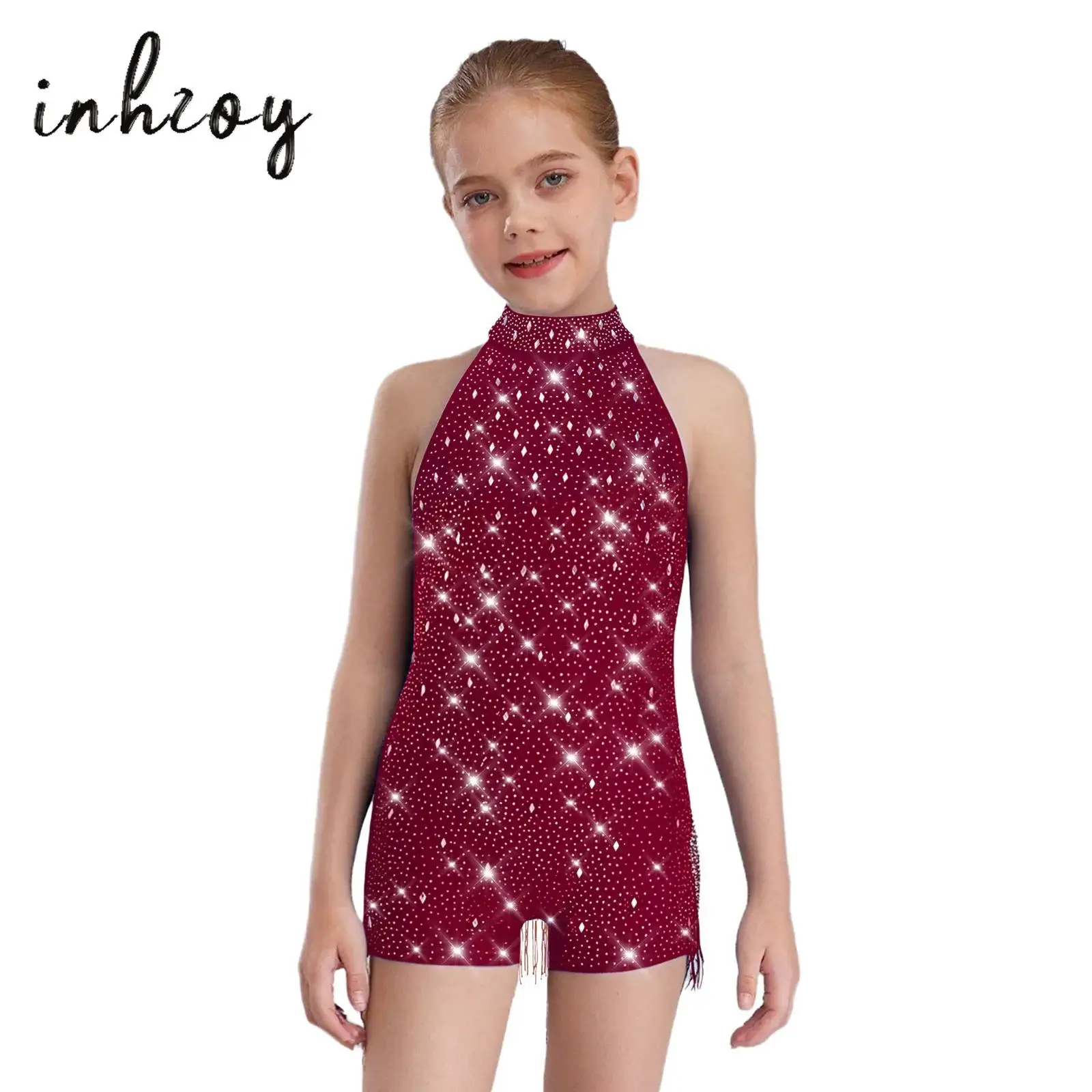 

Kids Girls Latin Jazz Dance Jumpsuit Halter Sleeveless Backless Shiny Rhinestones Fringed Bodysuit for Performance Competition