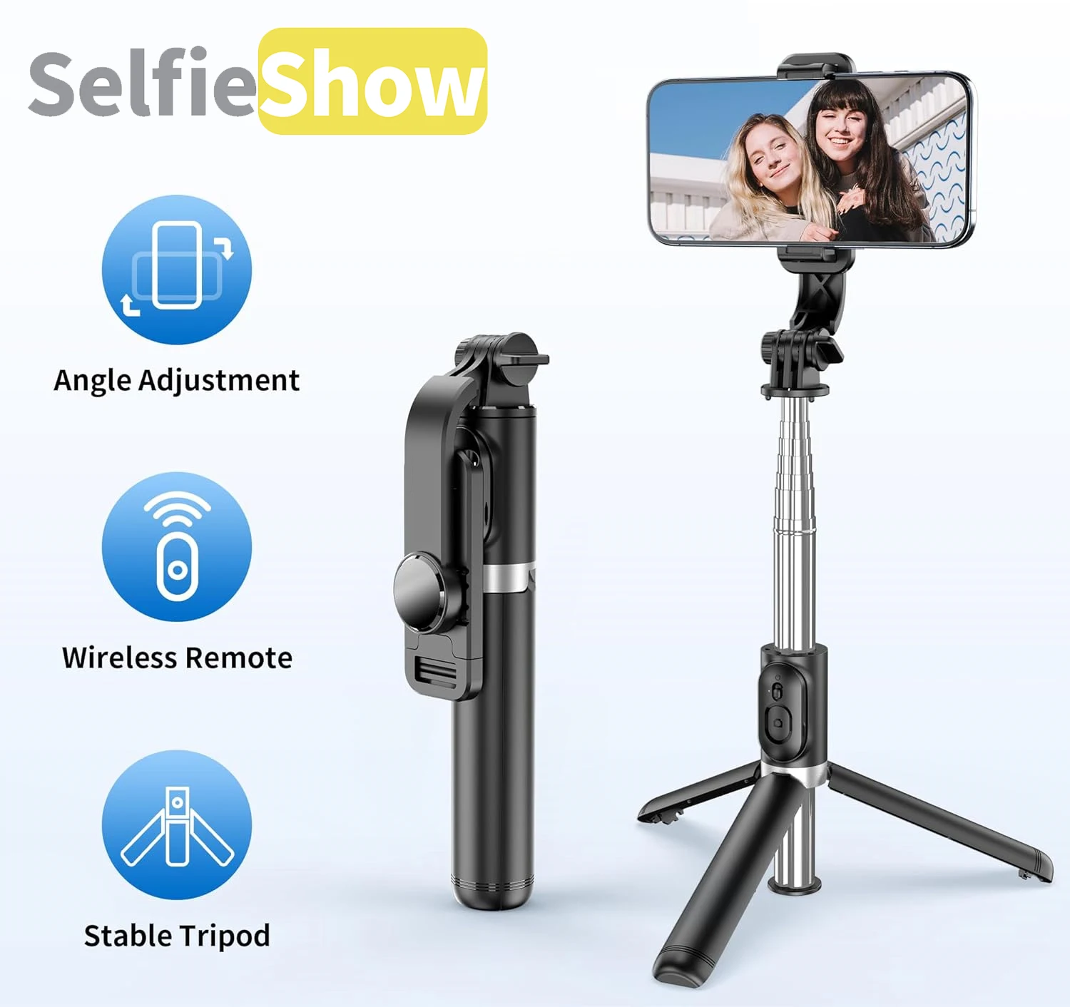 Selfieshow Q02 Tripod Selfie Stick Wireless Bluetooth Foldable Phone Stand Holder Stabilizer for iOS Android Cellphone