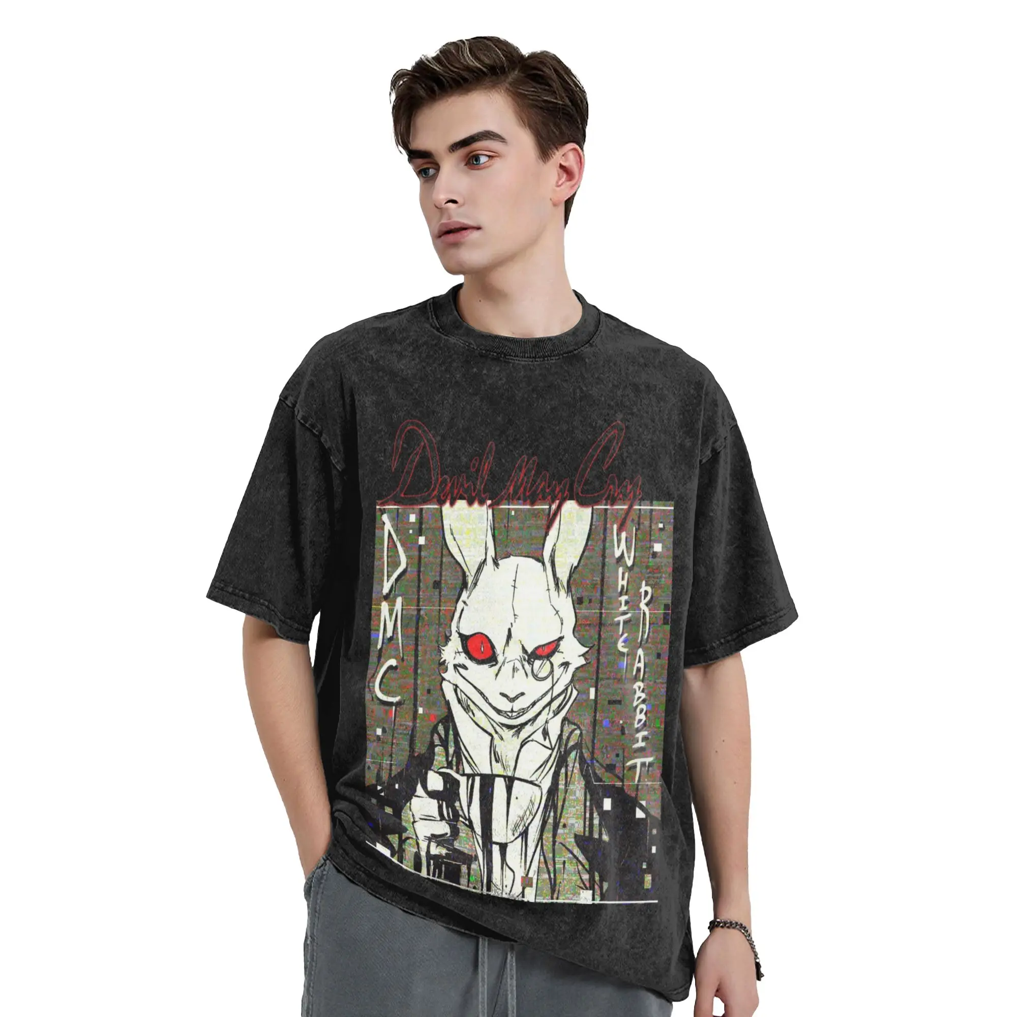Washed T Shirts The White Rabbit Devil May Cry DMC Game Hip Hop Novelty T-Shirts Oversize  Streetwear Tee Shirt for Men Women