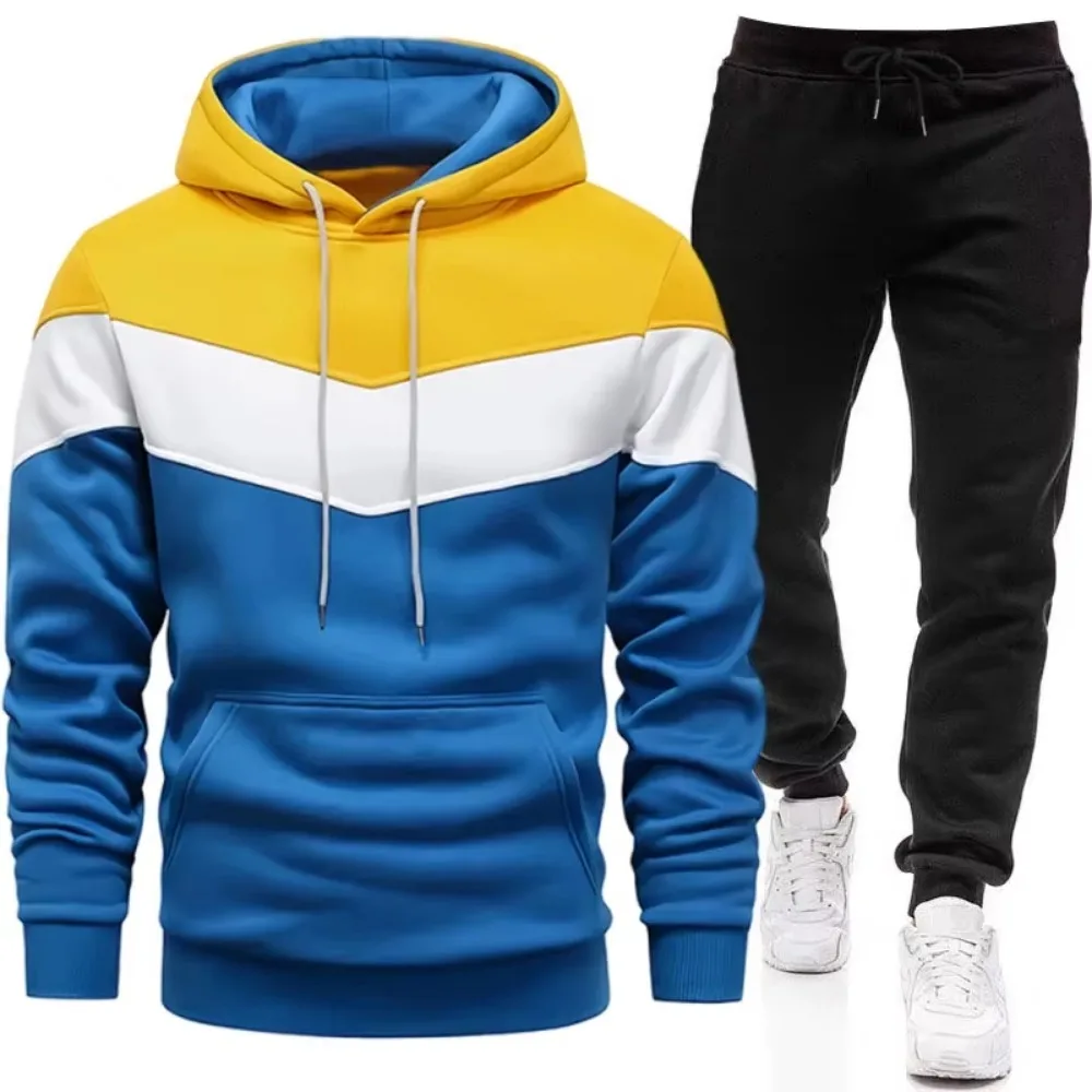 Autumn Winter Men's Tracksuit Casual Tricolor Splice Sweatshirts Outdoor Sports Jogging Clothing 2026 Warm Single Hoodies Pants