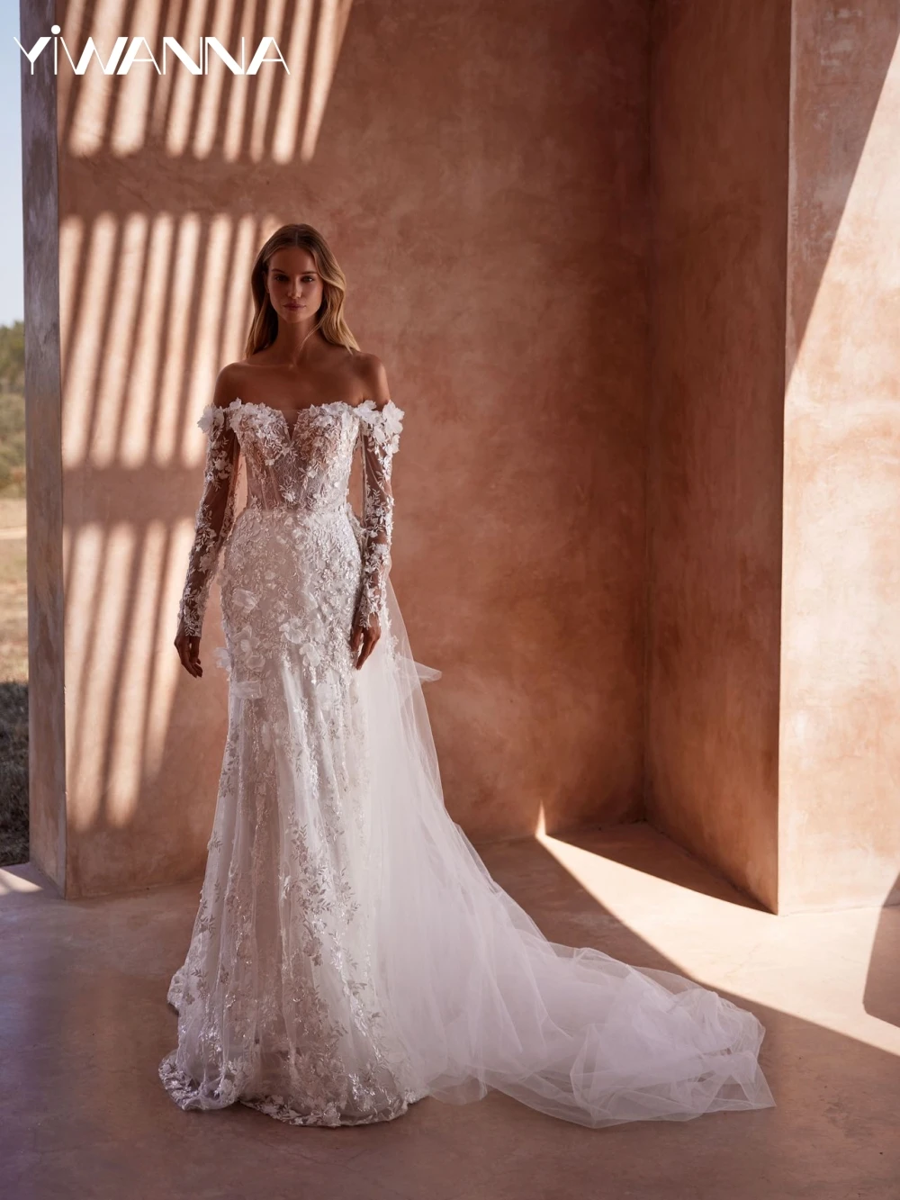 Shinny Beaded Long Wedding Dress Detachable Train Floral Appliques Bridal Gown Customized Off Shoulder Mermaid Dresses For Bride