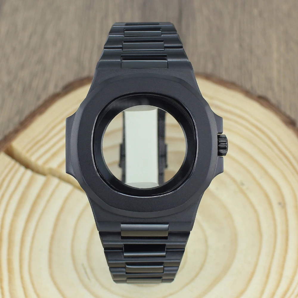 40mm Matte Black Watch Case With Steel Bracelet Sapphire For Seiko NH35 NH36 NH38 NH70 NH72 Movement Nautilus Watch Parts Mods