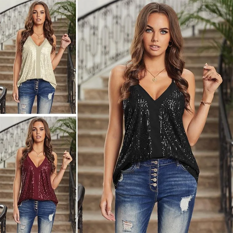 New V-neck Camisole for Women Tanks Sleeveless Tops Sexy Sequins Splicing New Fashion Ladies Sleeveless Base Vest Summer Gift