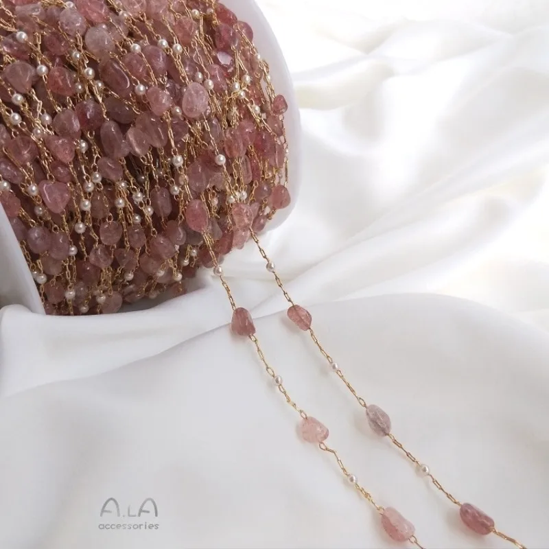 14K Gold Color Handmade Chain Strawberry Crystal Elongated Stone Amethyst Rectangular Chain DIY Bracelet Jewelry Accessories