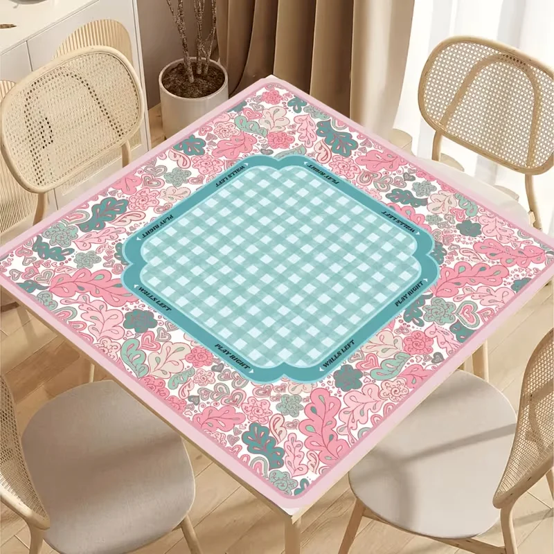 VIKAMA Mint Green Peony Mahjong Table Mat Anti slip Noise Reduction Square Game Mat Used for Mahjong Game Home Decoration