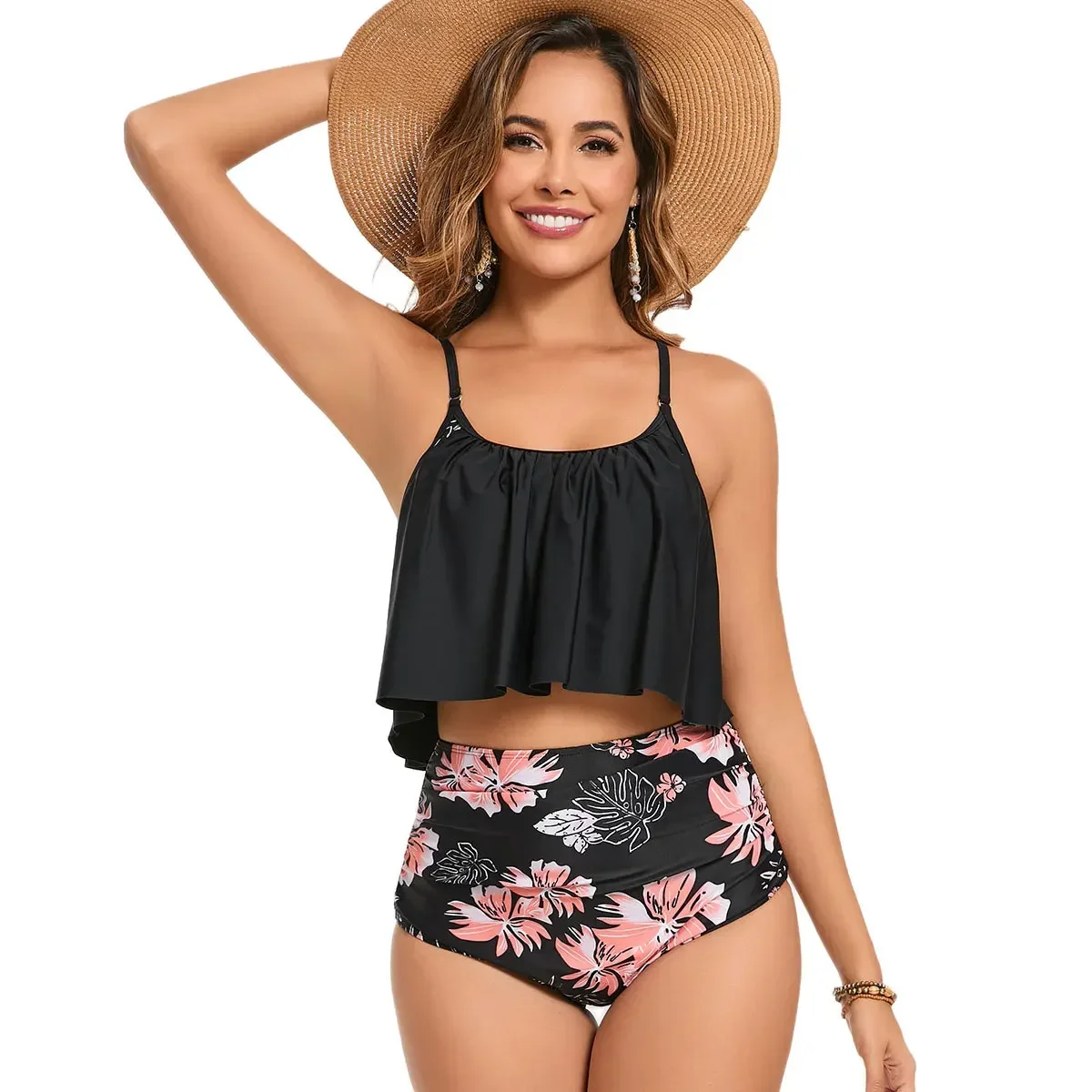 

2025 Floral Printed Sleeveless Top And Ruffle Shorts Split Skinny Swimsuit For Women Fashion Beach Style Solid 2 Piece Swimwear