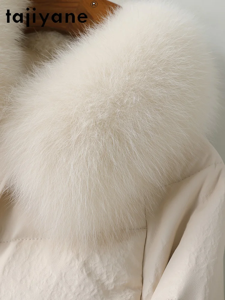 TAJIYANE 100% جلد الغنم أوزة أسفل معطف قصير الجلد الحقيقي سترة منفوخة النساء مع الثعلب الفراء طوق الملابس الشتوية 2025 doblianка