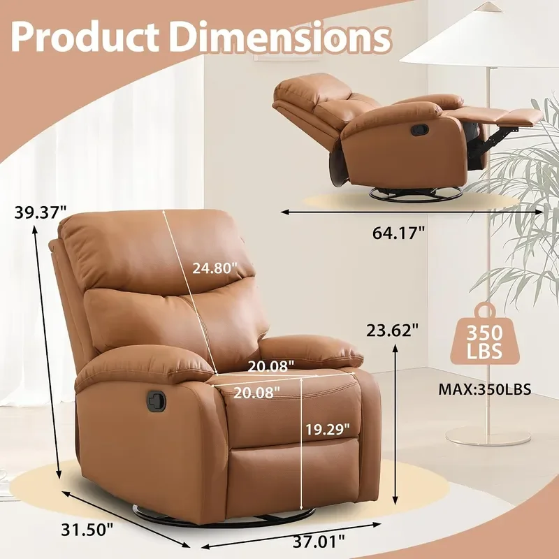 Genuine Leather Rocker Recliner Modern Manual Swivel Glider Recliner with Adjustable Backrest and Footrest Wall Hugger Swivel