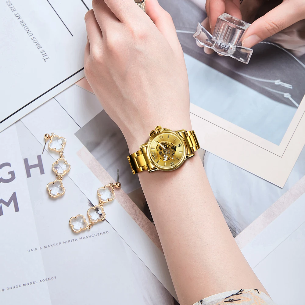 WINNER Elegant Ladies Watches Top Brand Luxury Golden Skeleton Automatic Mechanical Watch for Women Stainless Steel Strap Business Wristwatches