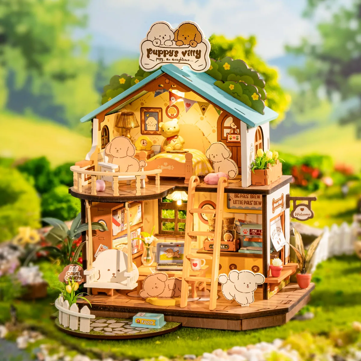 Robotime Rolife DIY Puppy's Cozy Villa House Miniature ชุดสําหรับเด็กและครอบครัวใหม่ปริศนาไม้ชุดตกแต่งบ้าน