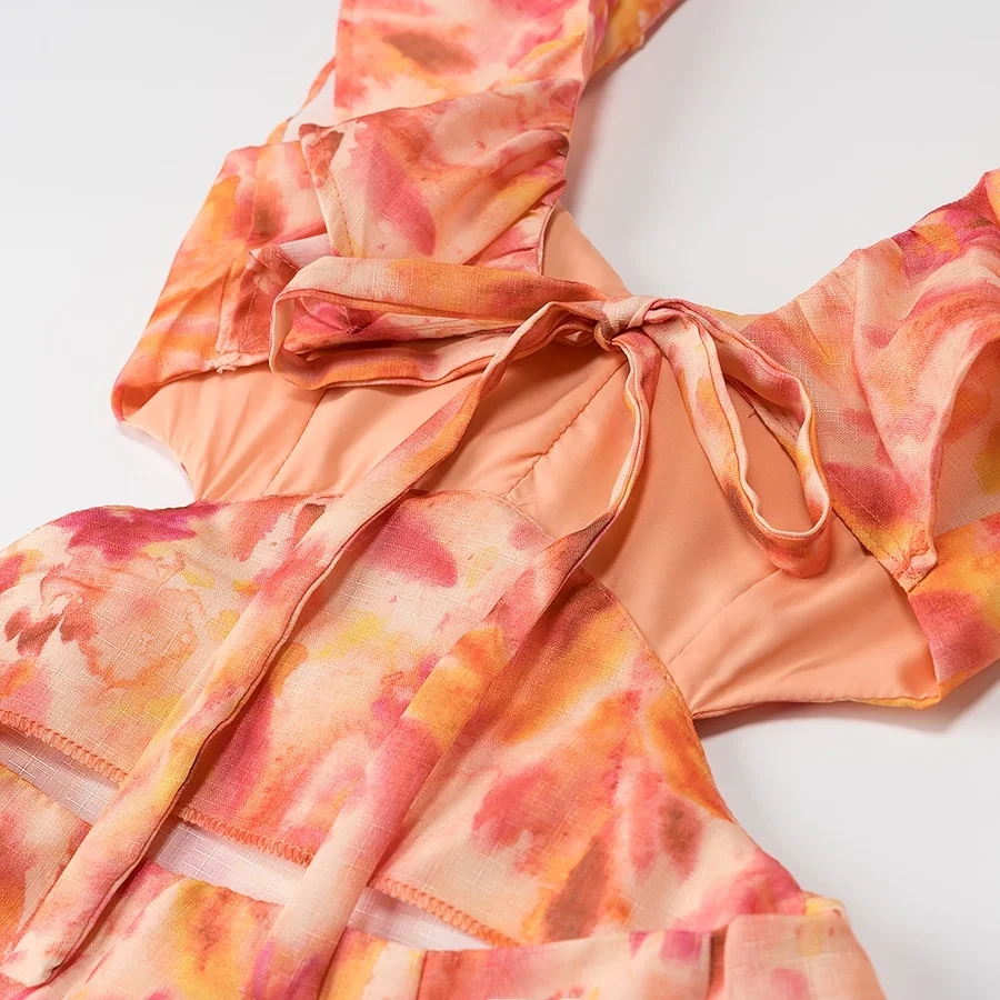 Vestido midi e em camadas com decoração, estilo f de primavera, cintura alta, manga voadora em fibra de poliést...