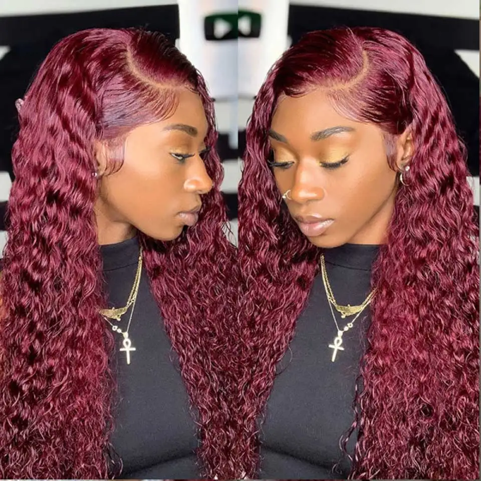 

32 Inch 99j Burgundy Lace Front Human Hair Wigs Brazilian Remy Red Colored 13x4 Lace Frontal Wig Pre Plucked 150% Density