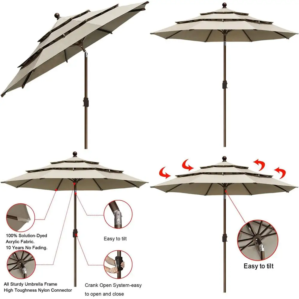 

Садовый зонт для патио, 9 футов, 3-ярусный, с вентиляцией, устойчивый к выцветанию на 10 лет, цвет античный беж, с вентиляцией