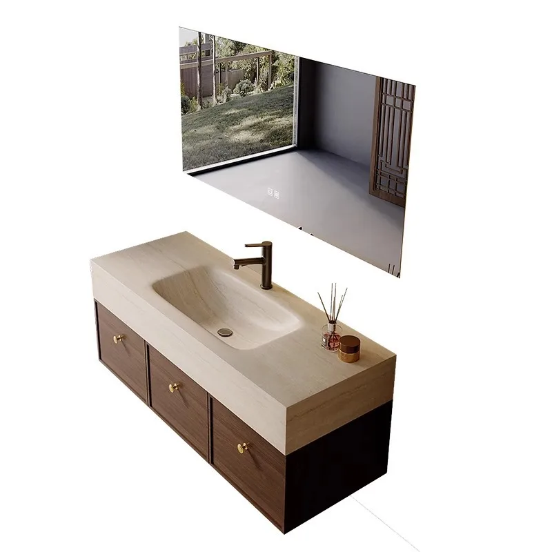 

Medieval style rock slab hot bending integrated basin bathroom cabinet combination bathroom hand washbasin intelligent storage