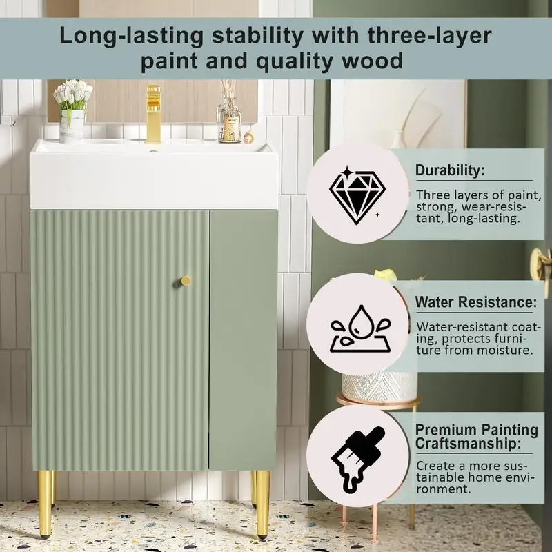 غرور حمام أخضر مقاس 21.6 بوصة، خزانة كومبو، تخزين حمام، حوض سيراميك فردي، حل تخزين على الجانب الأيمن للحمامات الحديثة #5