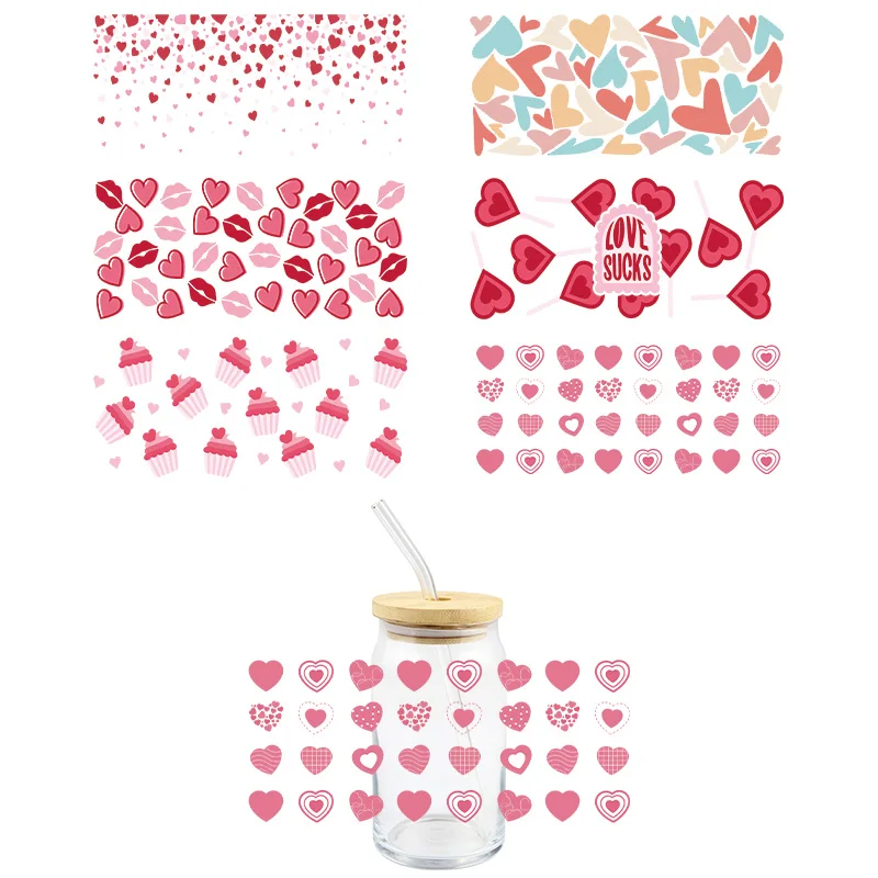 Valentine's Day UV DTF Wrap Transfer Stickers Colorful Heart Design DTF Wrap For Glasses Cups Mugs Waterproof DIY Decal