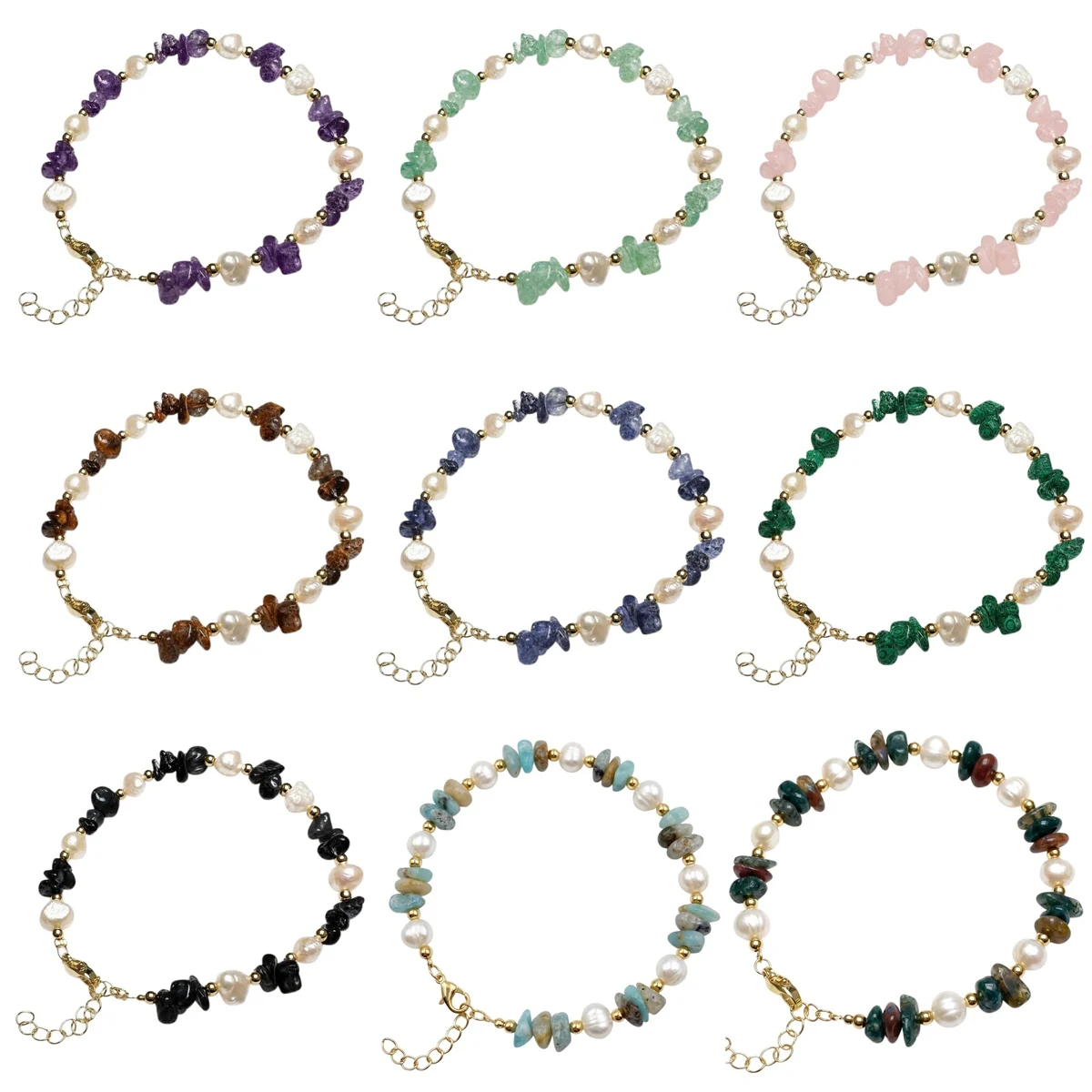 JOYAGIFT Freshwater Pearl & Stone Bracelet Chip Crushed Stone Gold Plated Adjustable Chain Bracelet for Women Birthday Holiday