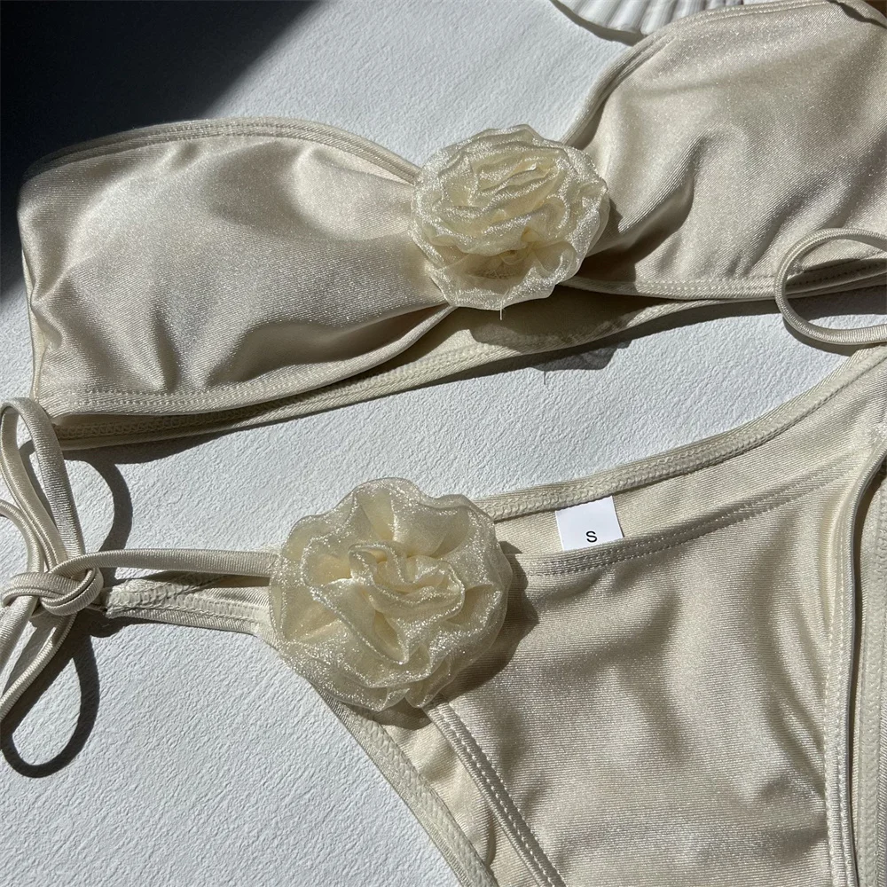 Sexy solid string Swimsuit woman Bikini Thong tulle Floral Bandeau Swimwear beach Outfit strapless backless bikinis Bathing Suit