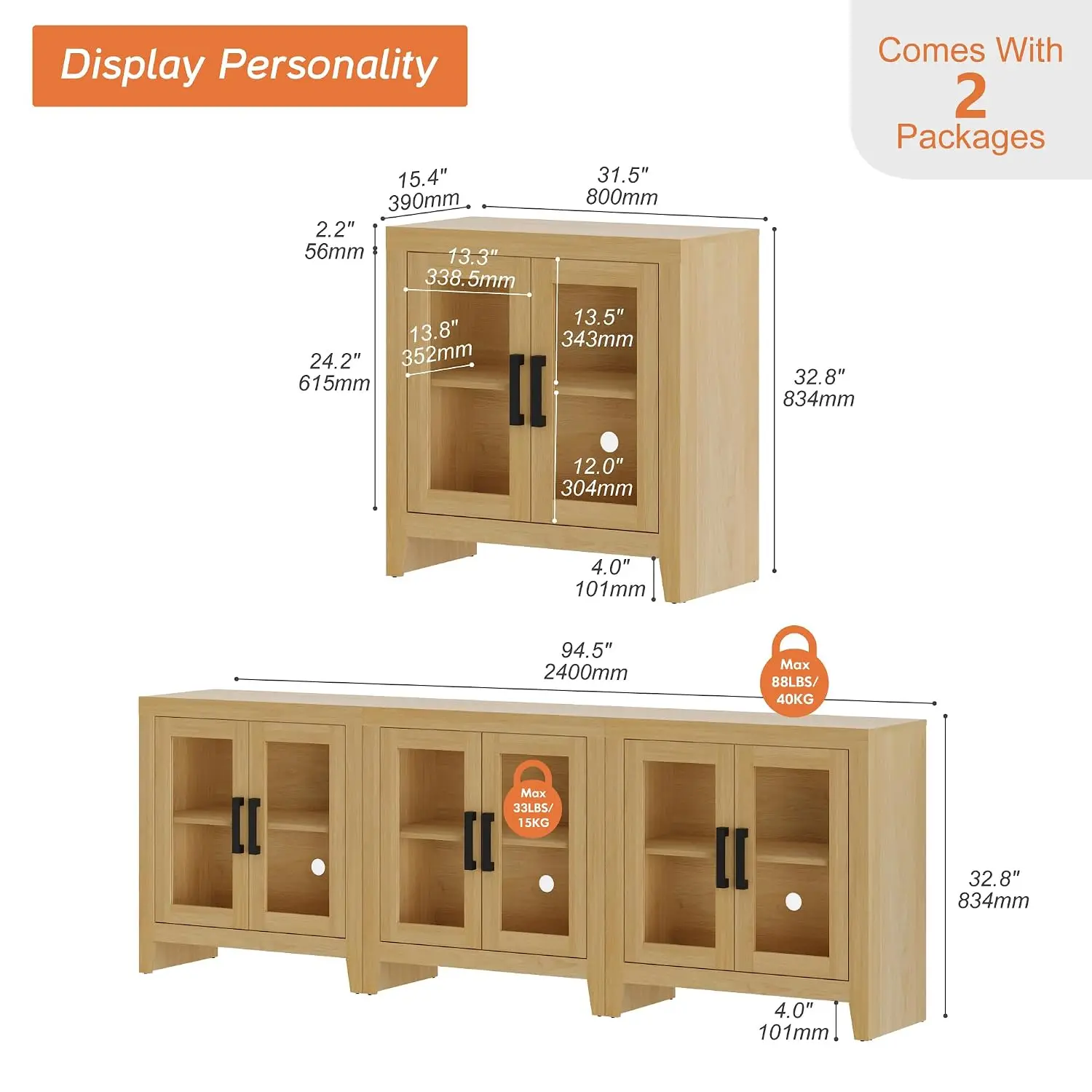 Rustic Wood TV Stand Entertainment Center with Adjustable Shelf Glass Doors Storage for Living Room Bedroom 85
