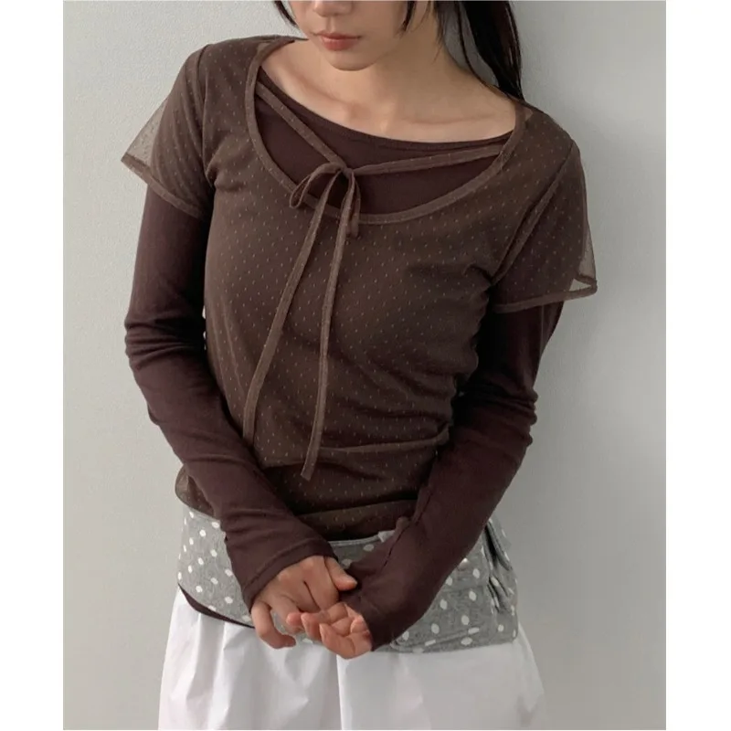 Korean Sle Sweet Fit ort Sve Lace Top with Bow Dry Dot Pattern for Young Women Polyester Fiber round Ne Summer
