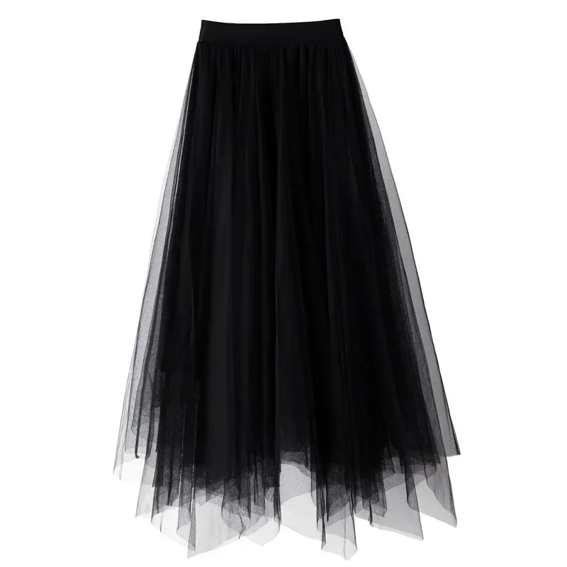 تنورة متوسطة الطول شفافة على شكل حرف A عالية الخصر - تنورة نسائية مكشكشة شبكية ذات طبقات غير متناظرة باللون الأسود