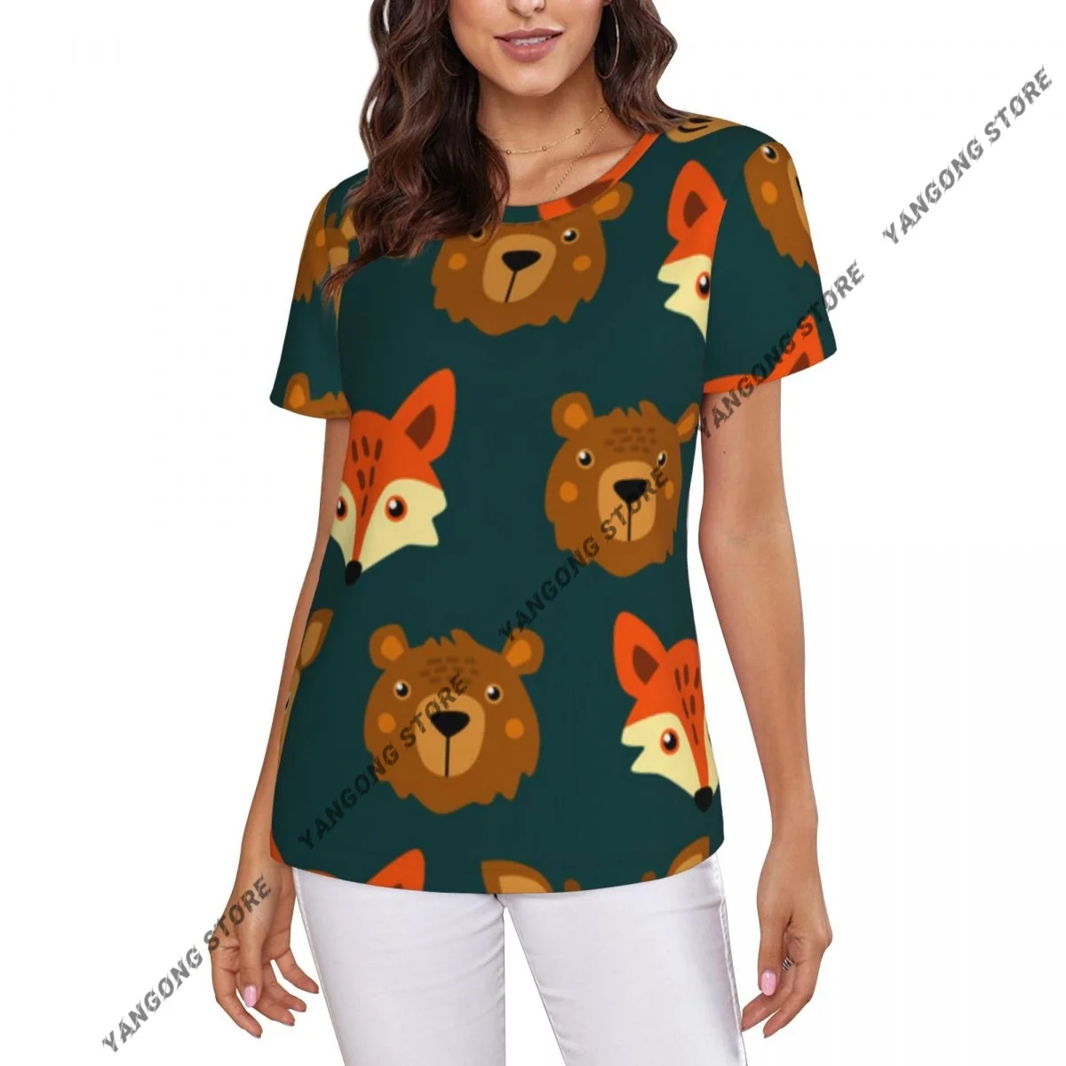 T Shirt Women Cute Friendly Forest Animals Tee Shirt Casual Round Neck Short Sleeve Streetwear Female T-Shirt