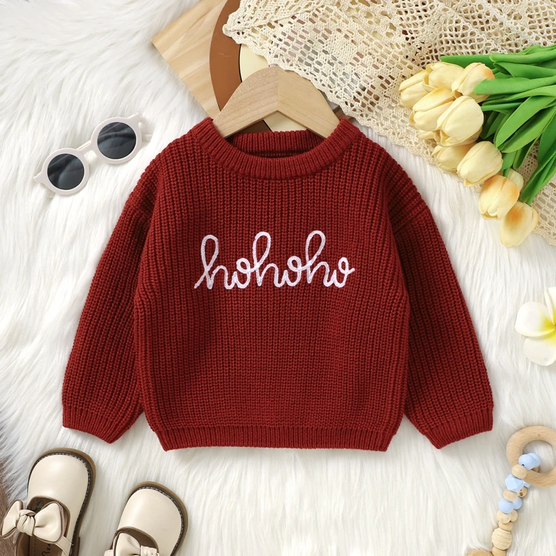 VISgogo 0-3 Years Baby Christmas Sweater Long Sleeve Crew Neck Letters Winter Pullover Sweater Infant Clothes for Girls Boys