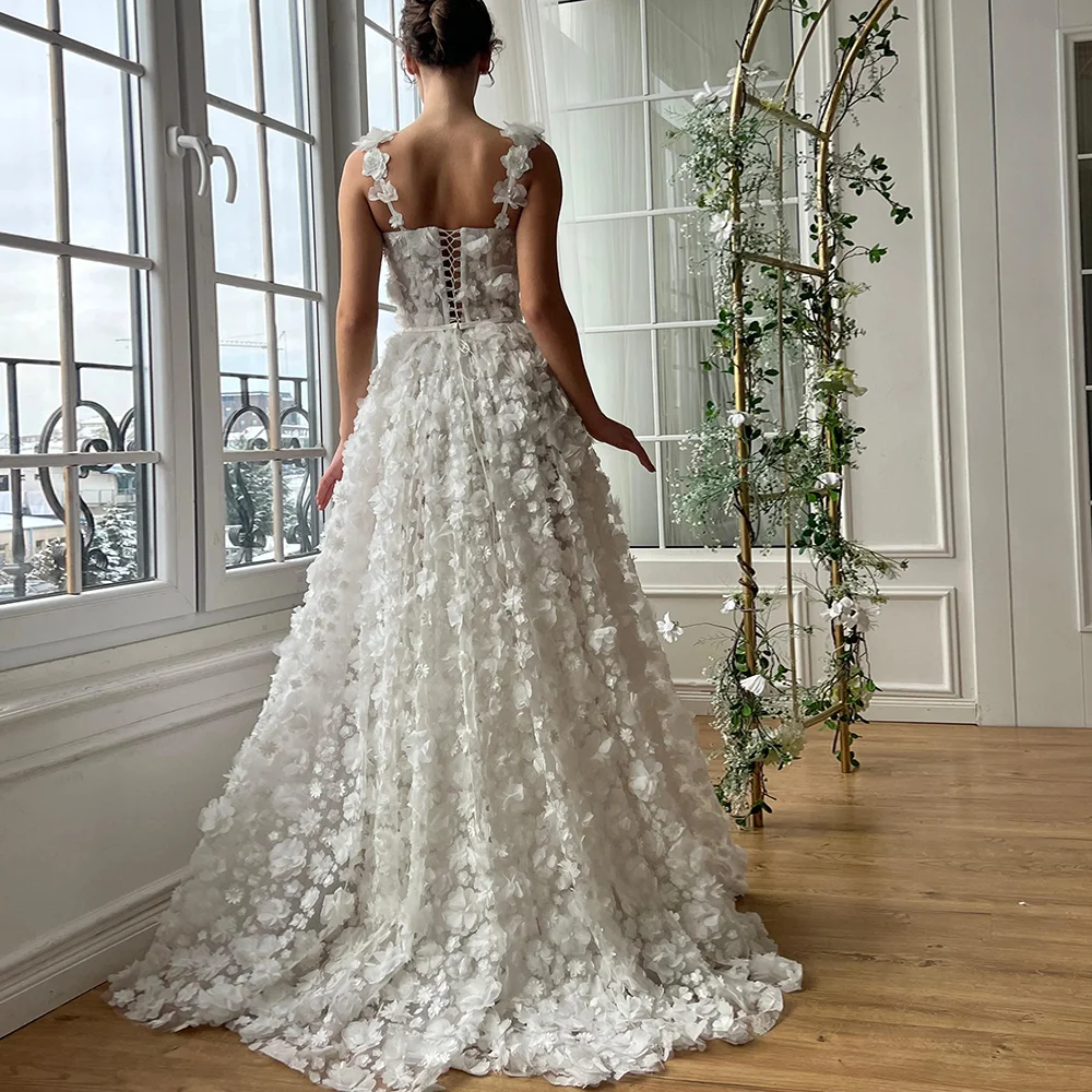 Robe de soirée de mariage trapèze, personnalisée, col en v, dos nu, fente haute sur le devant, fleurs 3D, avec des Appliques en dentelle, sans manches, longue robe de soirée