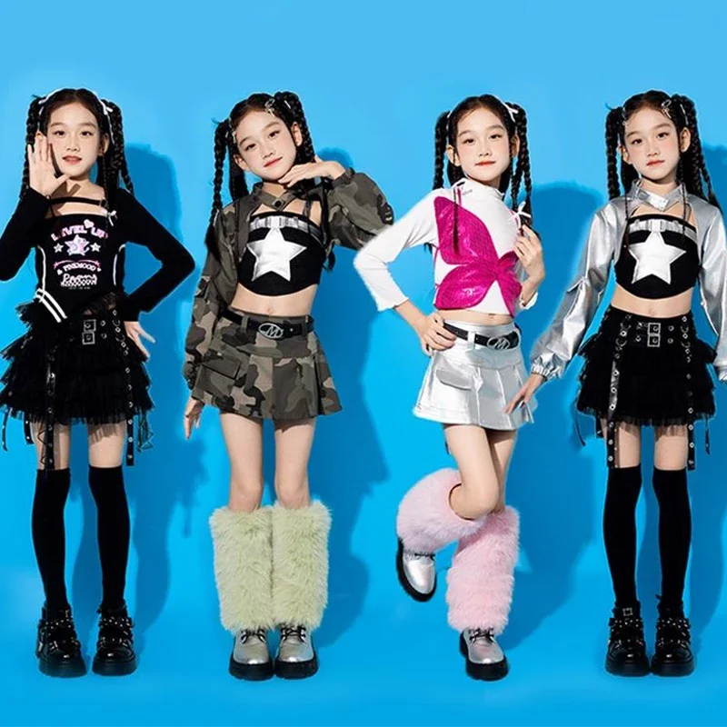 

Jazz Dance Costume Children Clothing Kpop Stage Outfit For Girls Crop Tops Black Skirt Fashion Show Clothes Kid Dance Suit