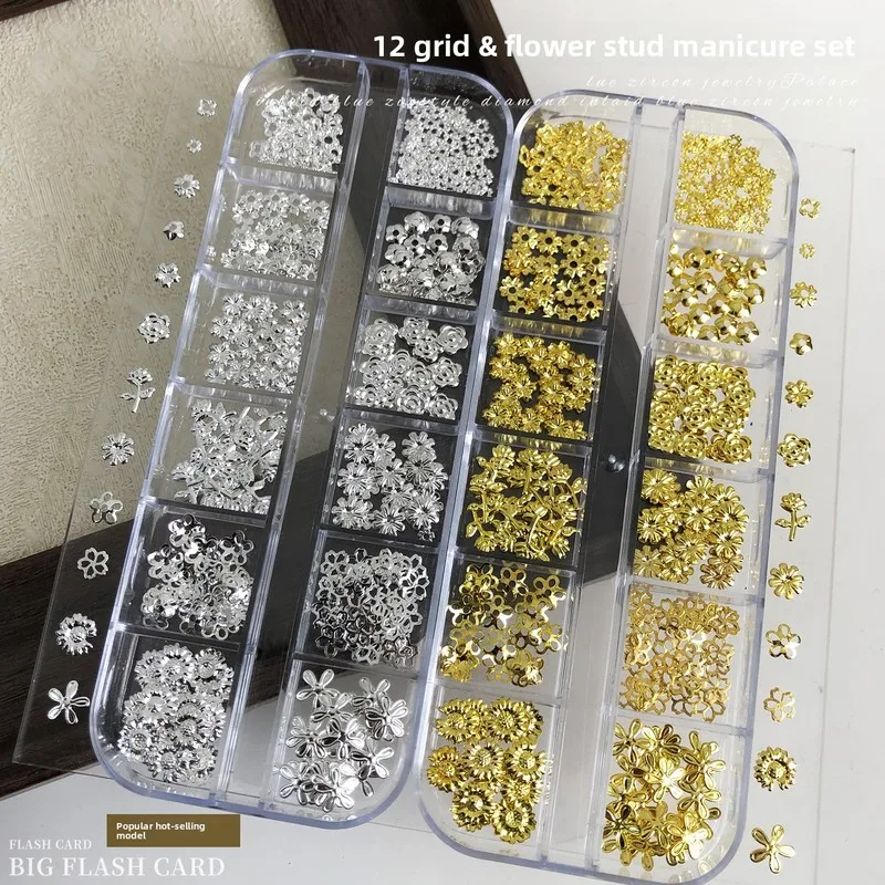 LYLE 12 Grid Gold Silver Flower Nail Art Charms Set Cross Border New Five Petal Rose Rhinestone Studs Mini Charms Assorted Decor