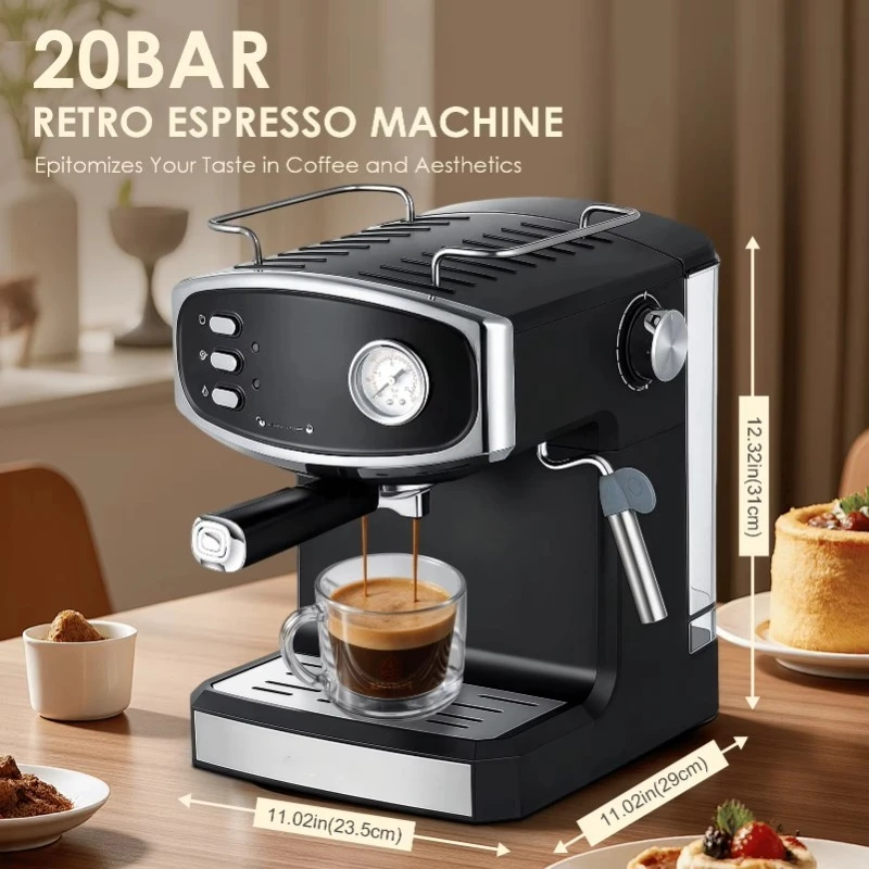 1350W Semi-Automatic Espresso Machine with 51mm Grinder Pressure Gauge Milk Frother & Steam Bar 51mm Grinder Compap