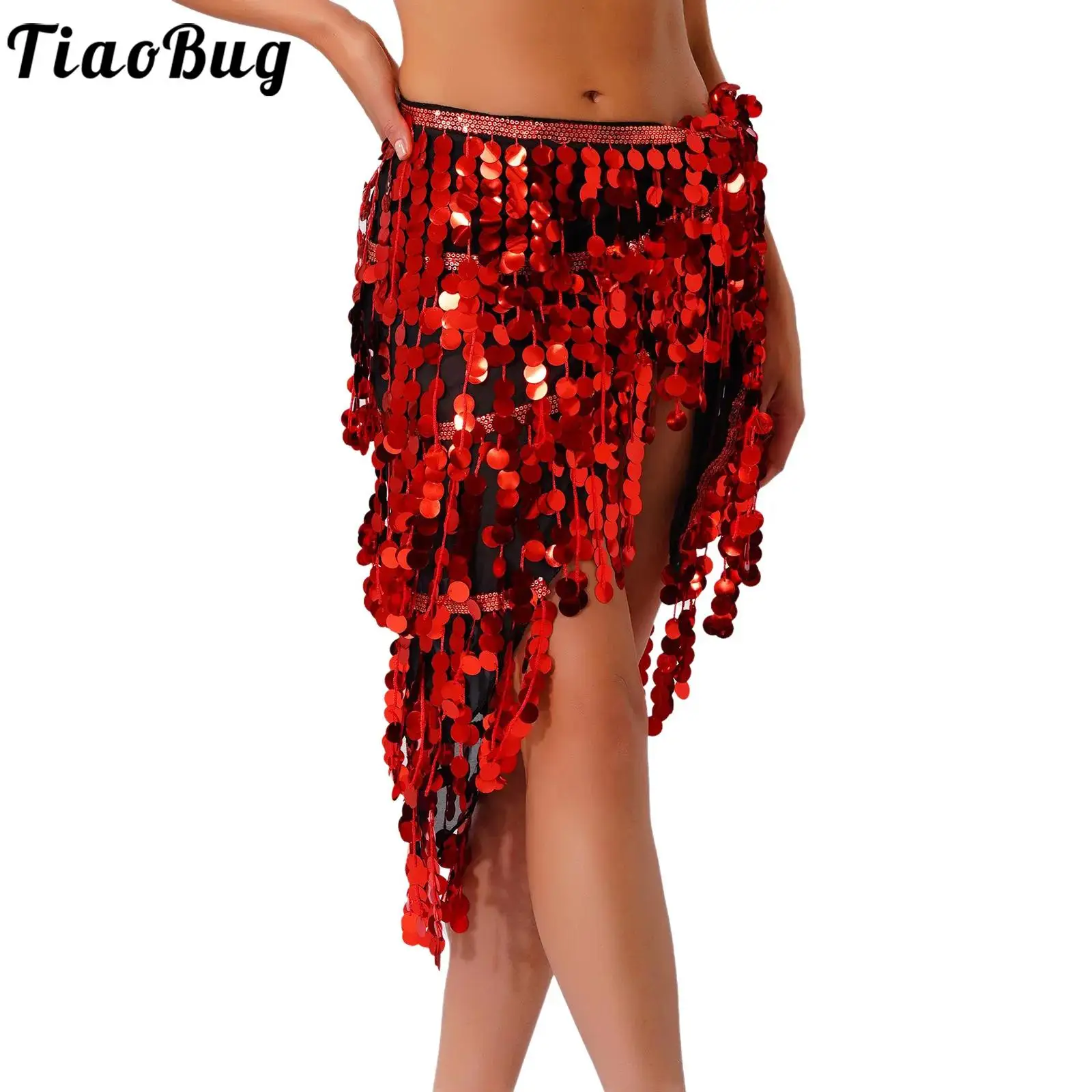 النساء لامعة الترتر شرابة التنانير البطن اللاتينية السالسا ملابس رقص الدانتيل متابعة مثلث وشاح الورك الخصر سلسلة كلوبوير حفلة الهذيان