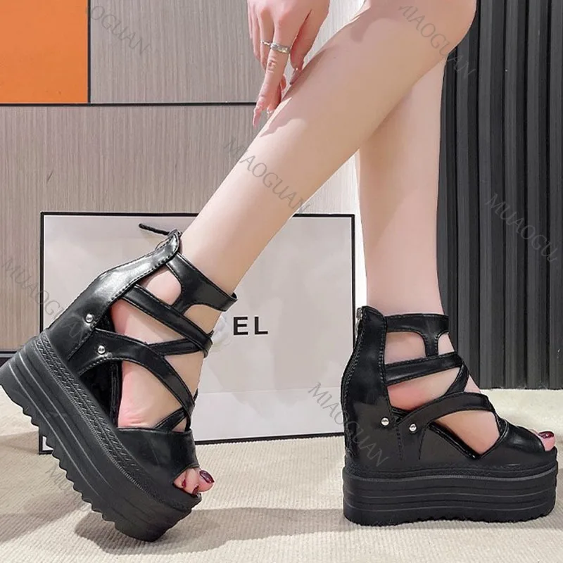 Wedges 13cm Super High Heels Sandals Thick Bottom Fashion Height Increase Cross Strap Fish Mouth Women's Shoes Casual Sandales